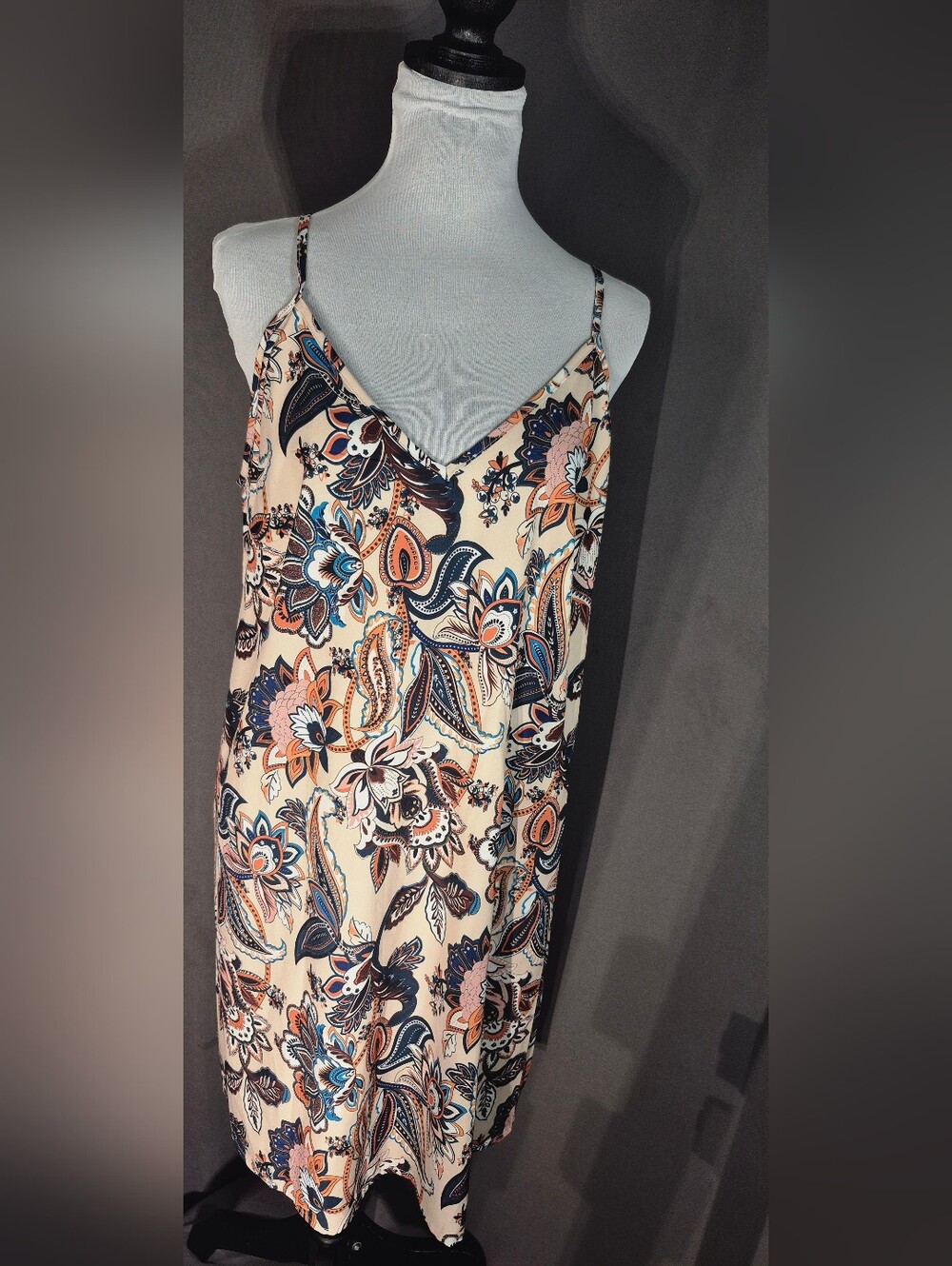 Cream Floral Slip Mini Dress with Navy & Coral Accents NWOT